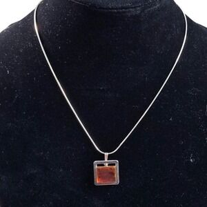 Vintage Italy 925 Sterling Silver Square Amber Pendant Snake Chain Necklace 18in
